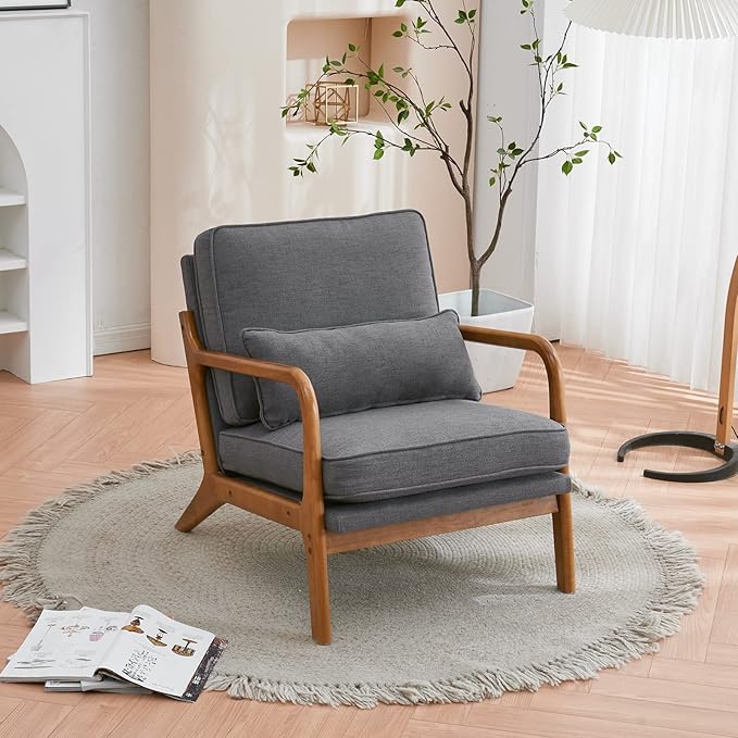 Accent Chair Mid-Century Modern Chair with Pillow Linen Fabric Upholstered Lounge Arm