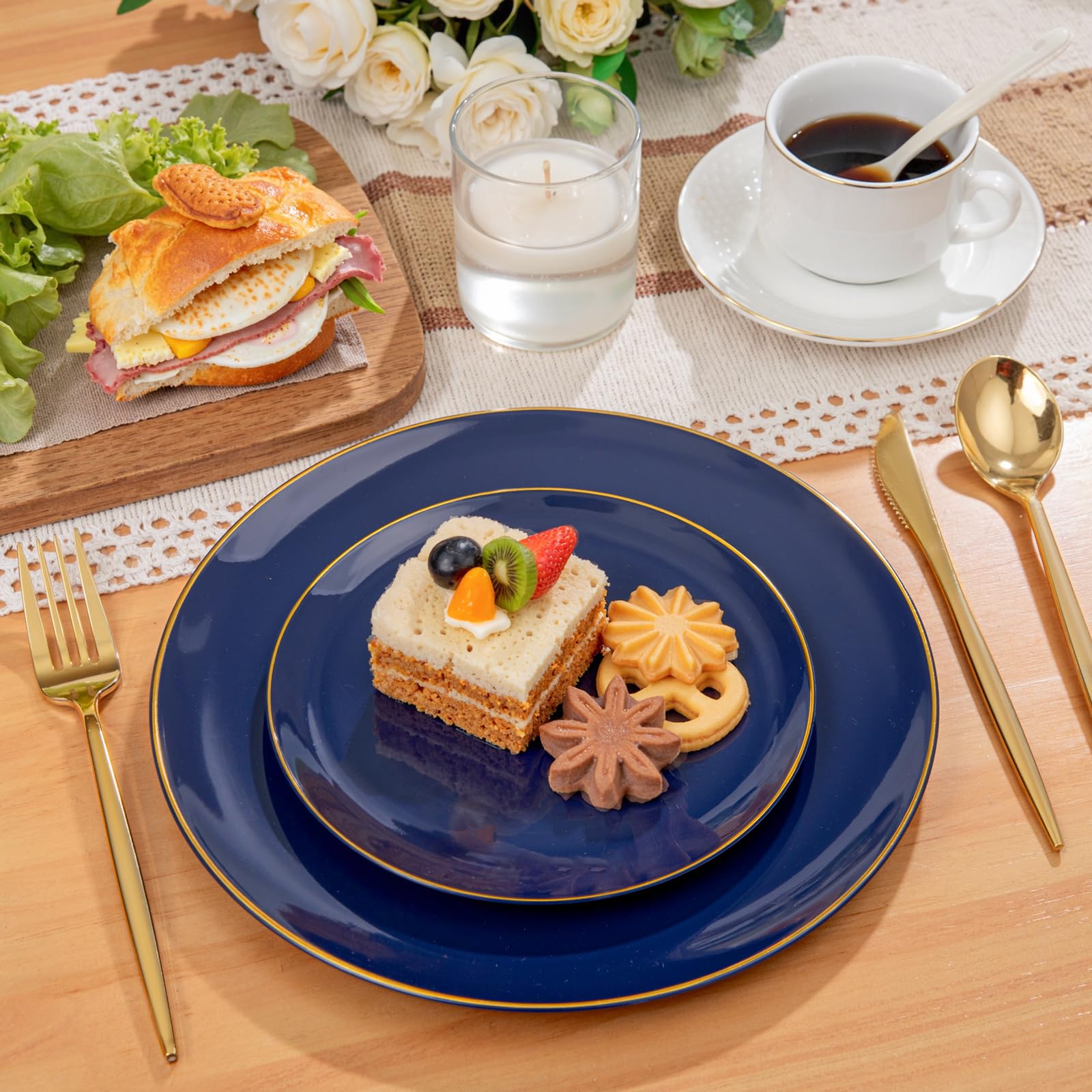 200 Pieces Blue Plastic Plates - Navy Blue and Gold Disposable
