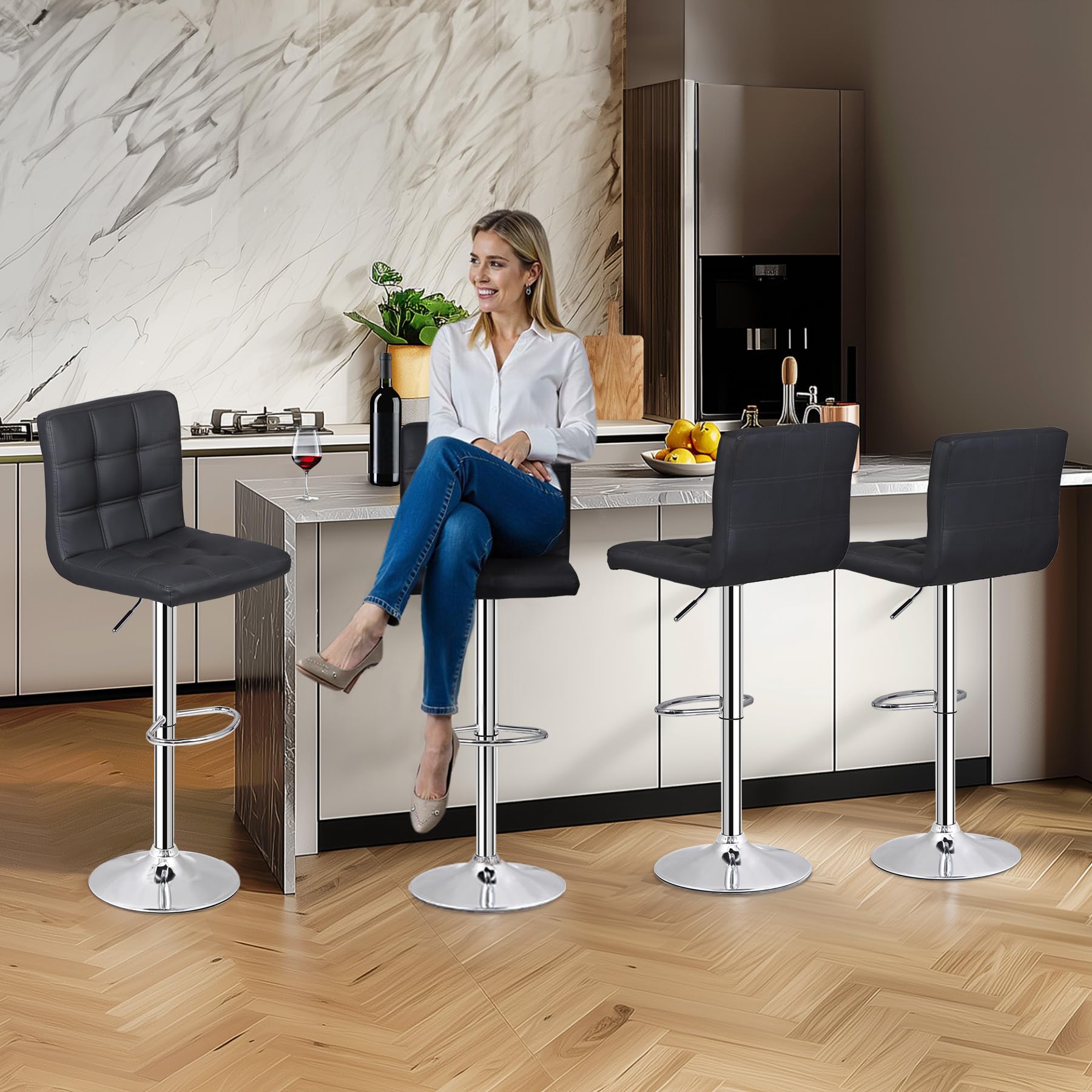 4 Adjustable Swivel Barstools, Modern PU Leather Kitchen Counter Bar Stools