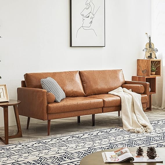 Faux Leather Sofa Couch, Mid-Century 73 Inch 3 Seater Leather Couch  for Living Room