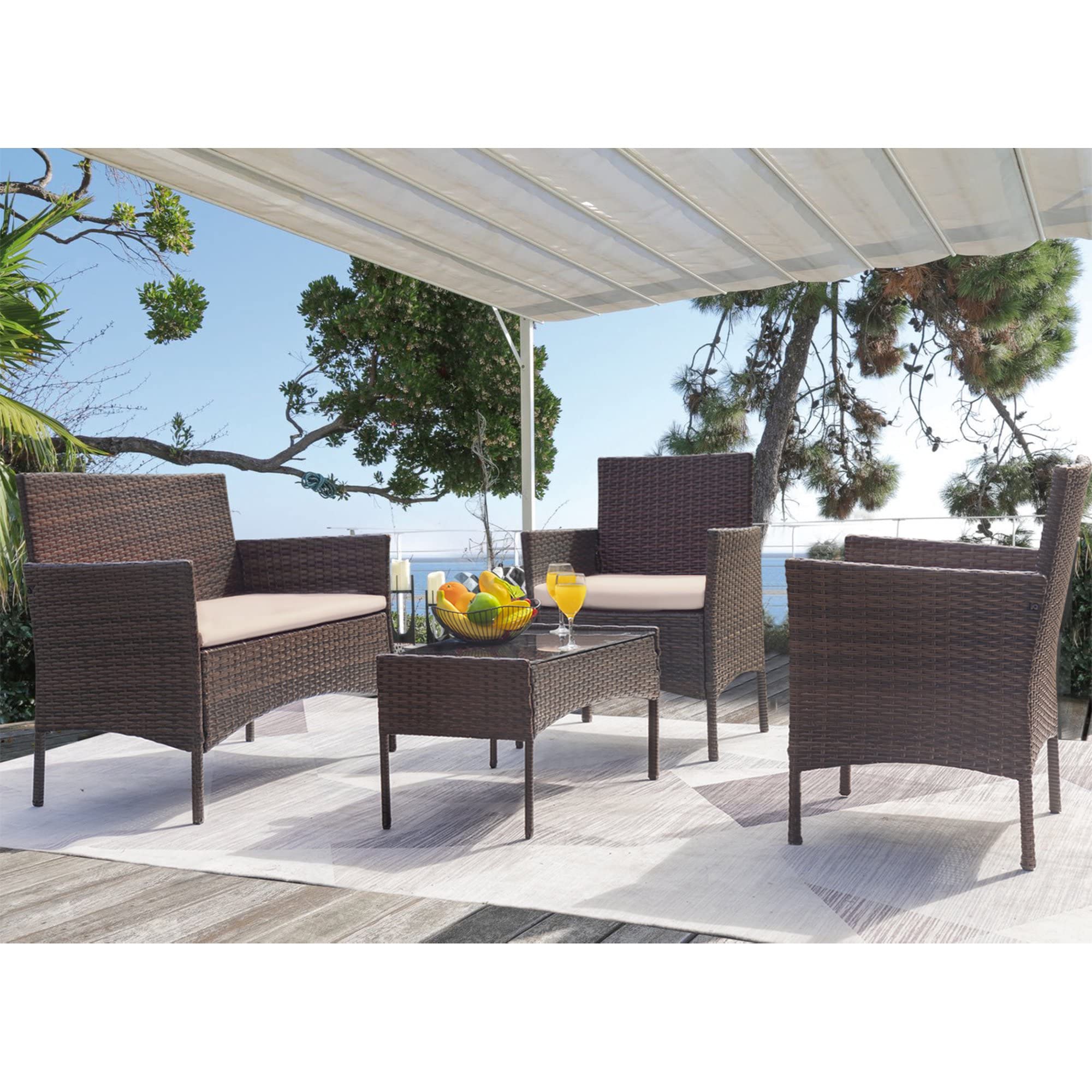 Outdoor Furniture Patio Set Cushioned PE Wicker Rattan Chairs