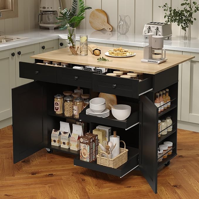 Rolling Kitchen Island Cart with Power Outlet & Drop Leaf