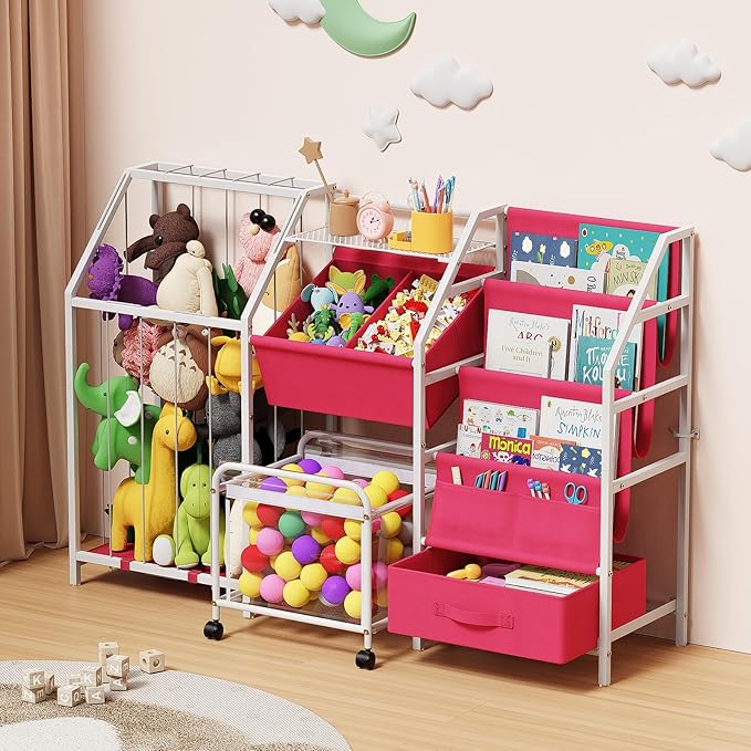 Kids Bookshelf and Toy Storage, 3 Tier Sling Montessori Bookcase with Toy Organizer