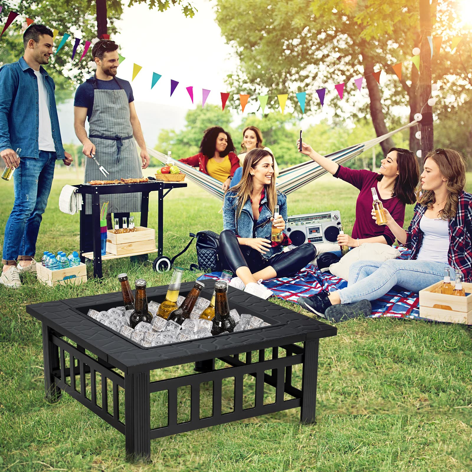 32" Outdoor Fire Pit, 3 in 1 Square Wood Burning Fire Table, Multifunctional Firepit