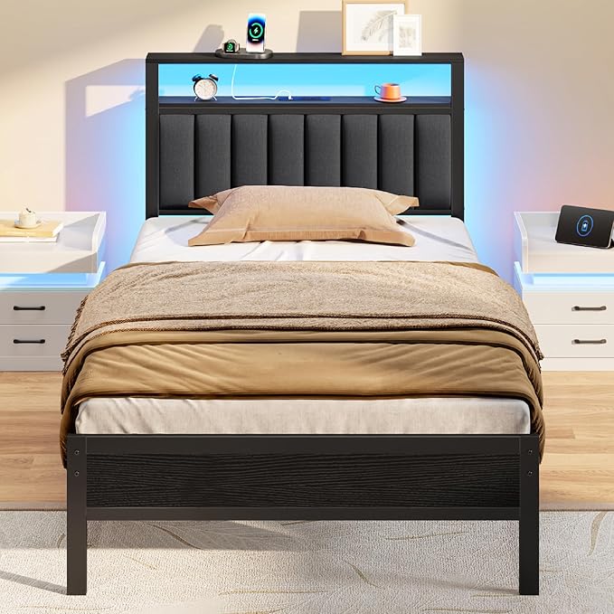 Full Size Bed Frame with Charging Station and LED Lights, Platform Bed with Metal Slats