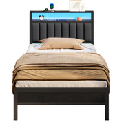 Twin Size Bed Frame with Charging Station and LED Lights, Platform Bed