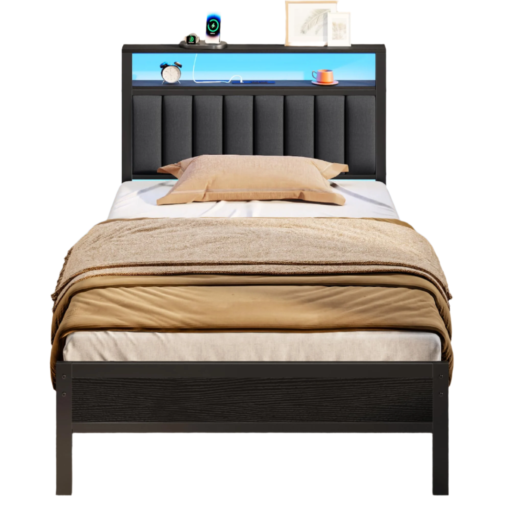 Twin Size Bed Frame with Charging Station and LED Lights, Platform Bed