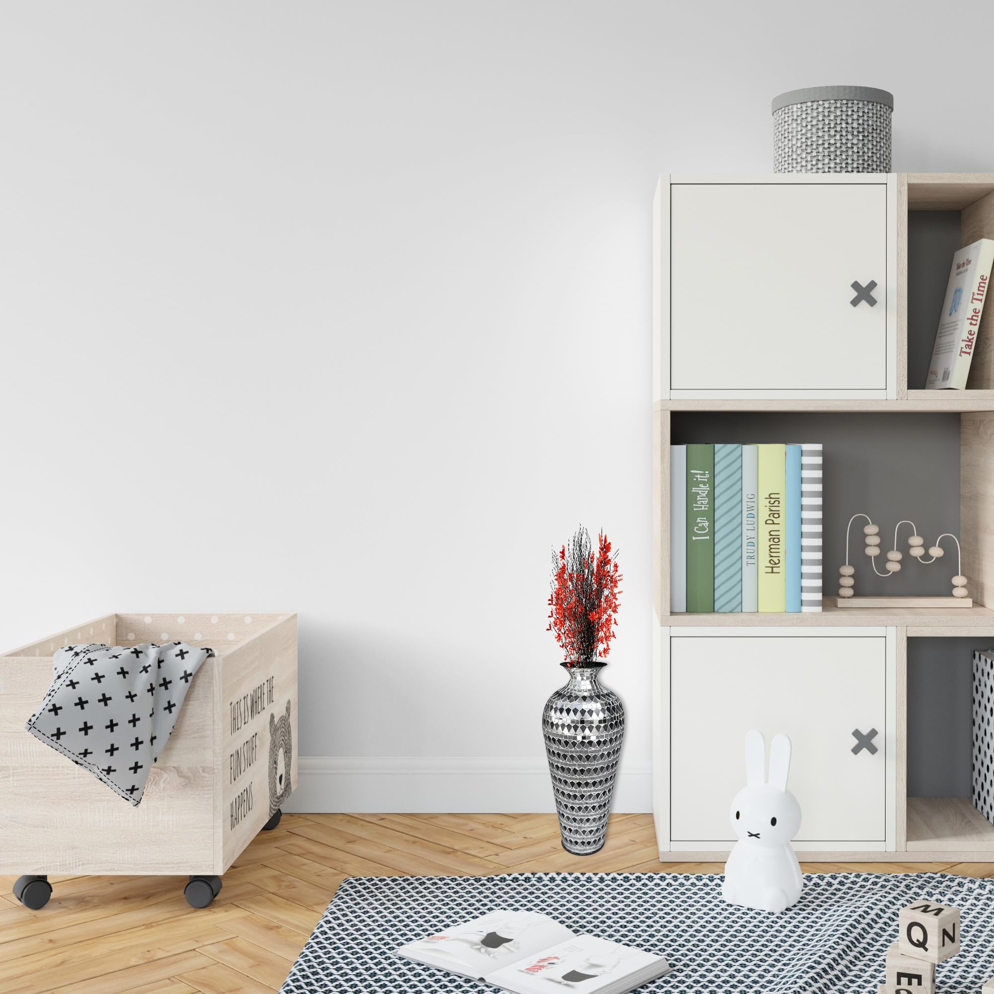 20 Inch Floor Vase, Mosaic Vase, Decorative Tall Vase, Accent Vase for Home Decor Geometric Pattern Designer Metal Vase with Glass Mosaic- Elegant Silver & Black Tessellation Pattern