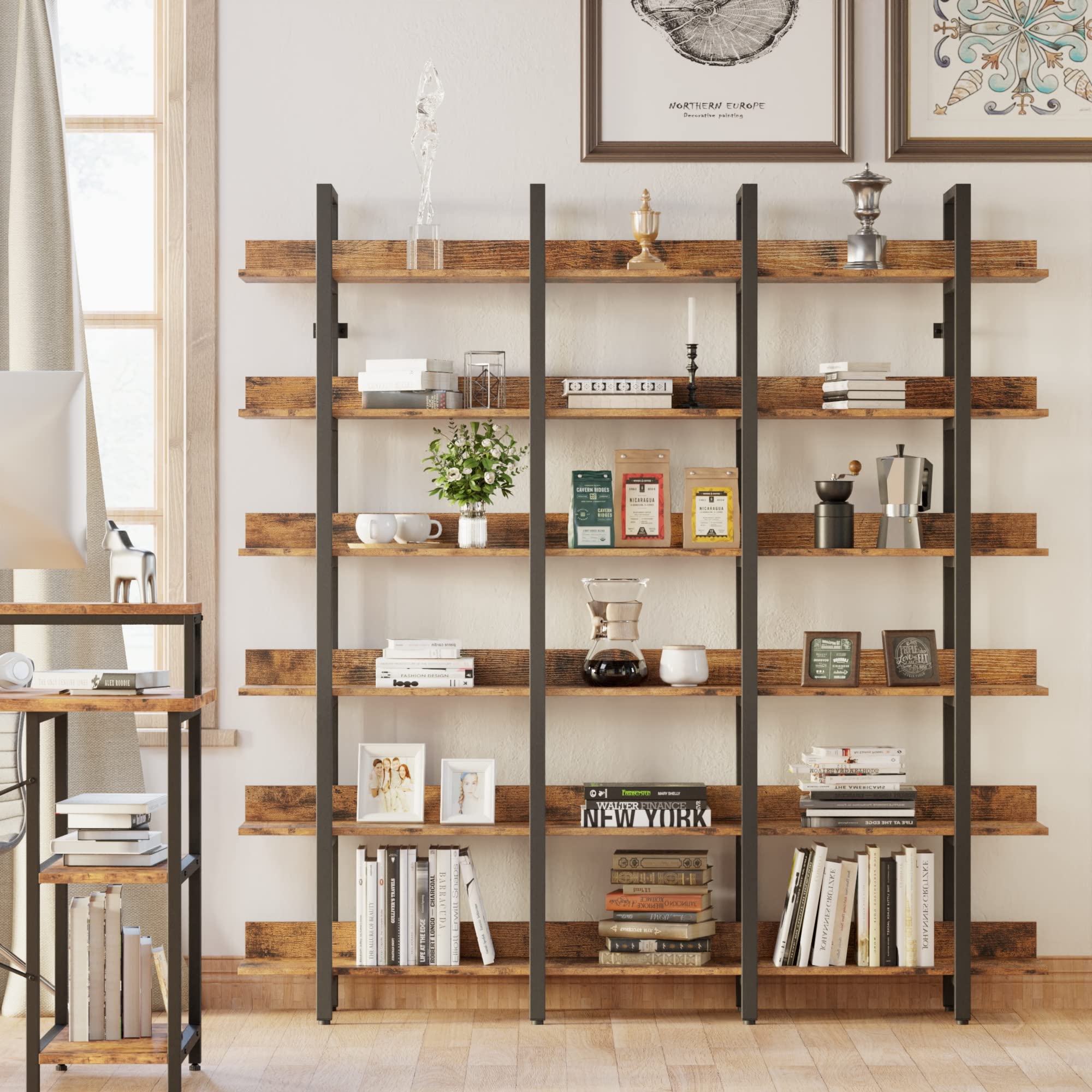 Bookcase and Bookshelves Triple Wide 6 Tiers Large Open Shelves
