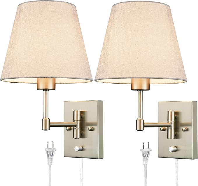 Plug-in Wall Sconces Set of Two Beige Shade Brass Swing Arm Wall Lamp