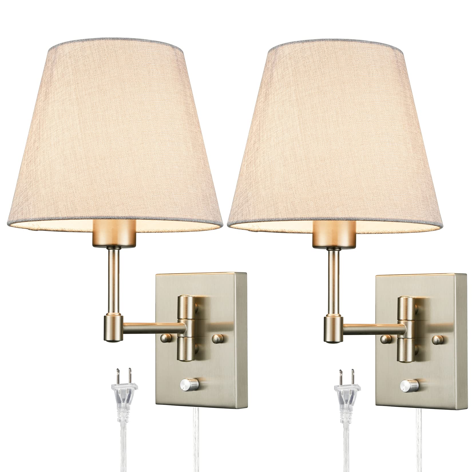 Wall Sconces Set of Two Plug in Wall Lamp with Grey Fabric Shade