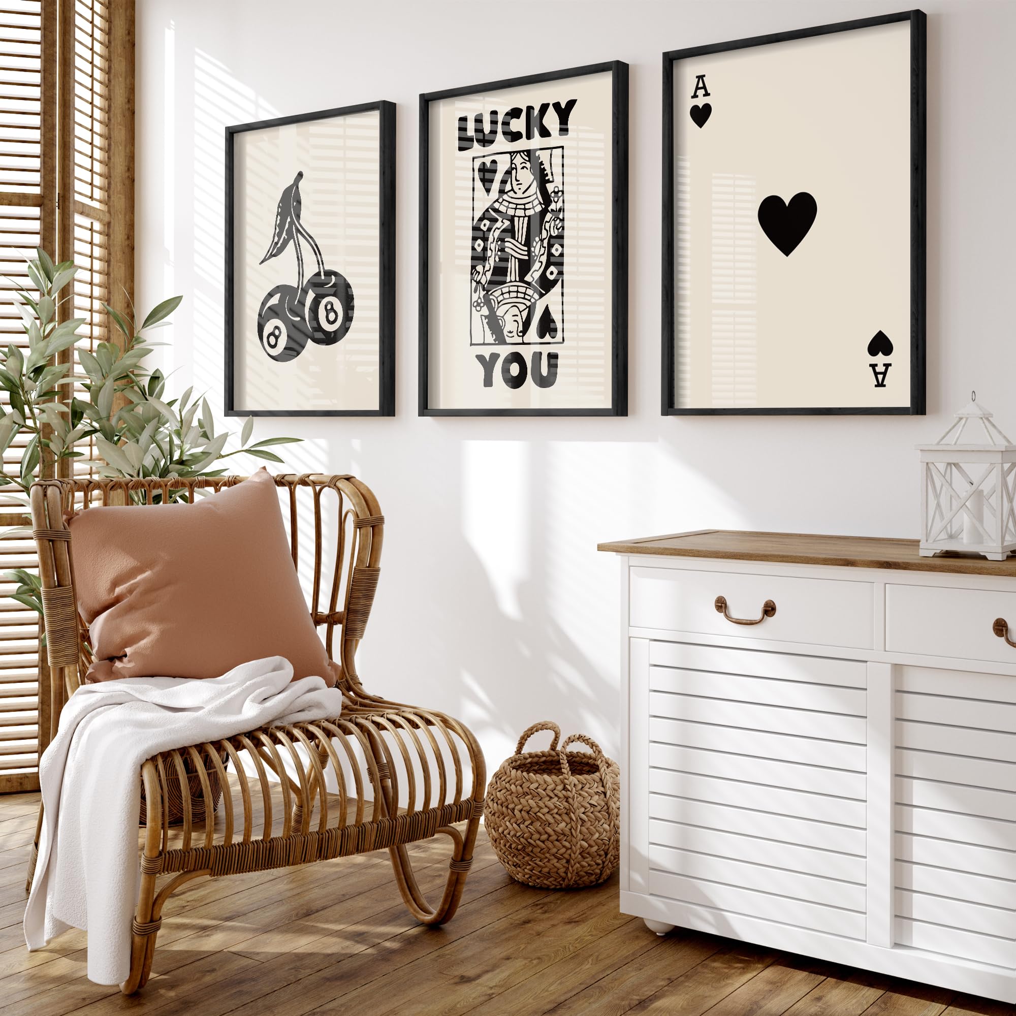 Framed Set of 3 Poker Wall Art Lucky You Poster, Trendy Retro Print Wall Decor