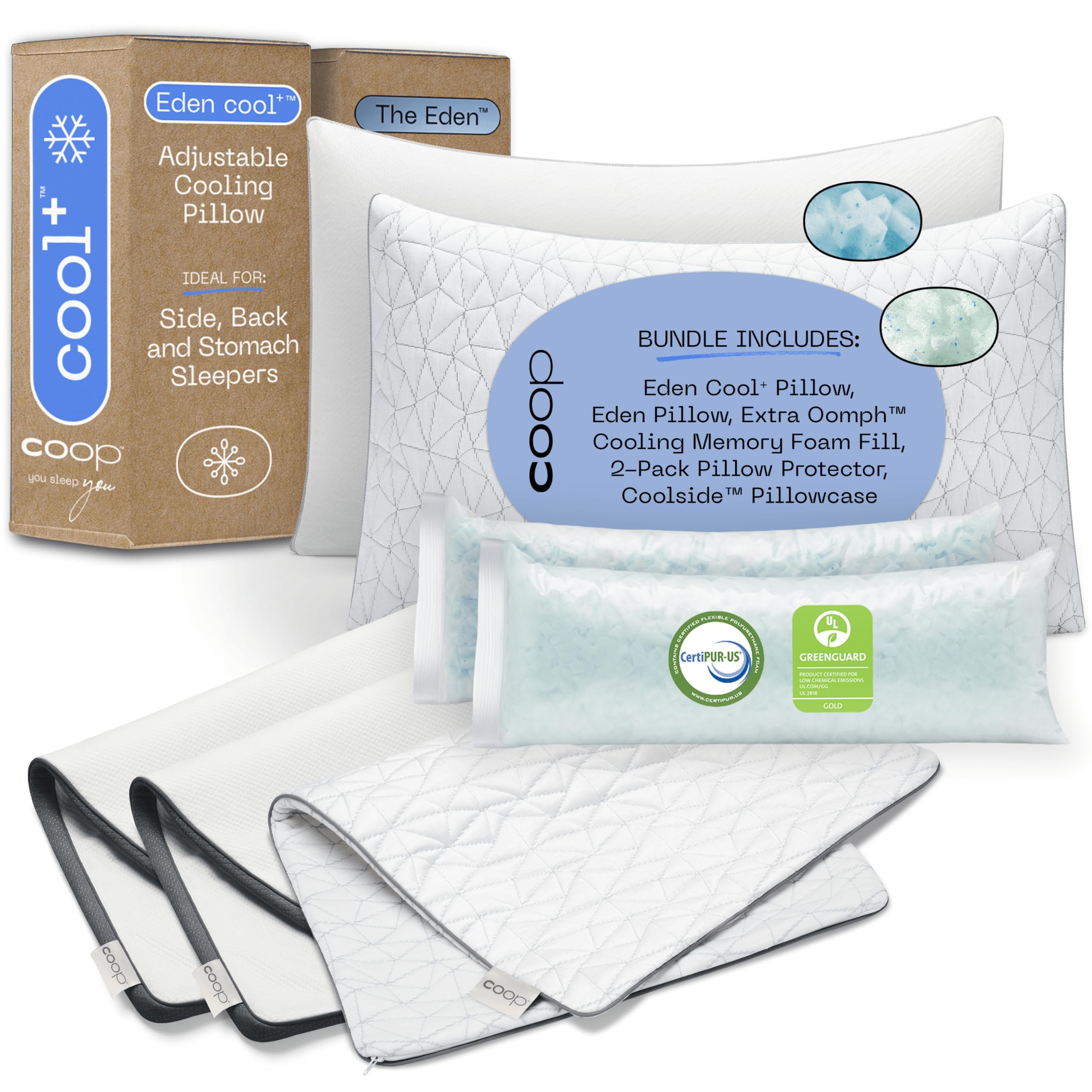 Eden Cool+ Pillow, Eden Pillow, 2-Pack Ultra-Tech Protector and Cool Side