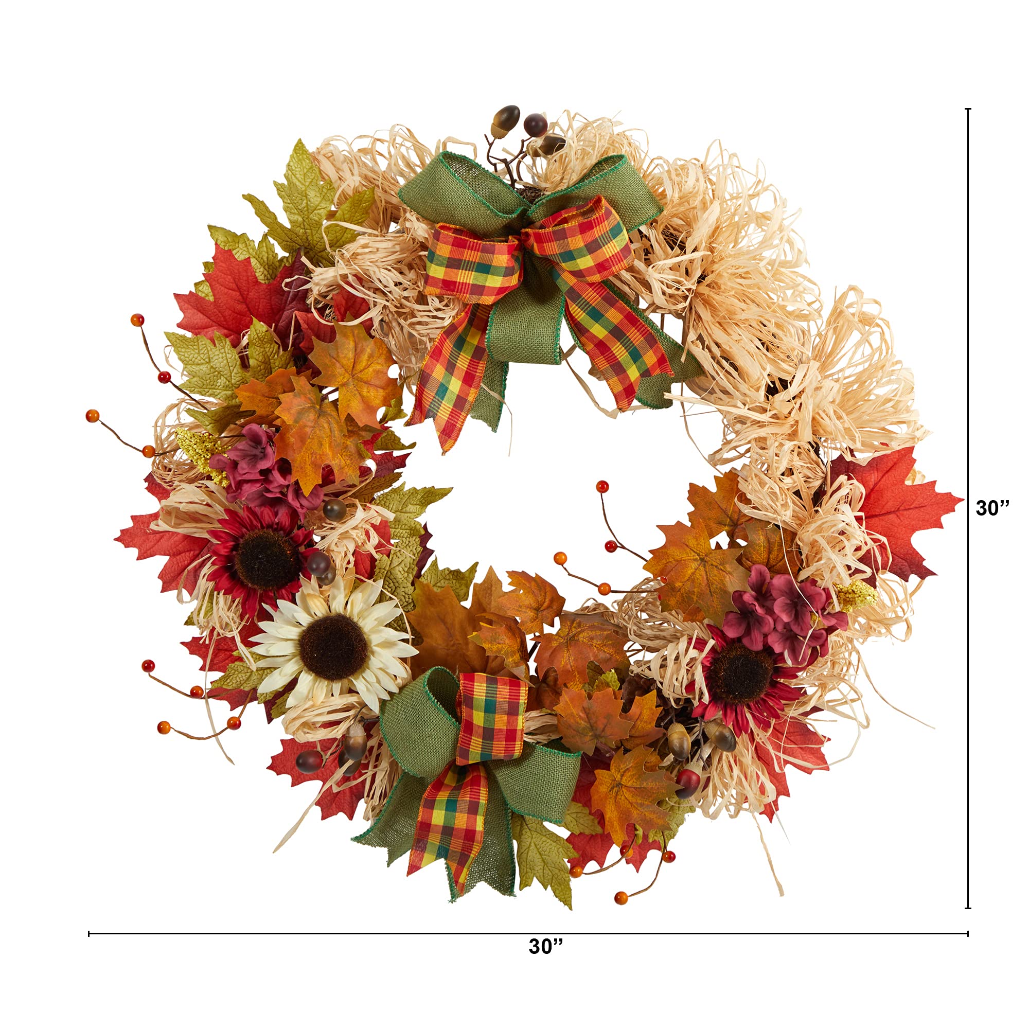 30in. Harvest Autumn Sunflower, Maple Leaves and Berries Artificial Fall Wreath