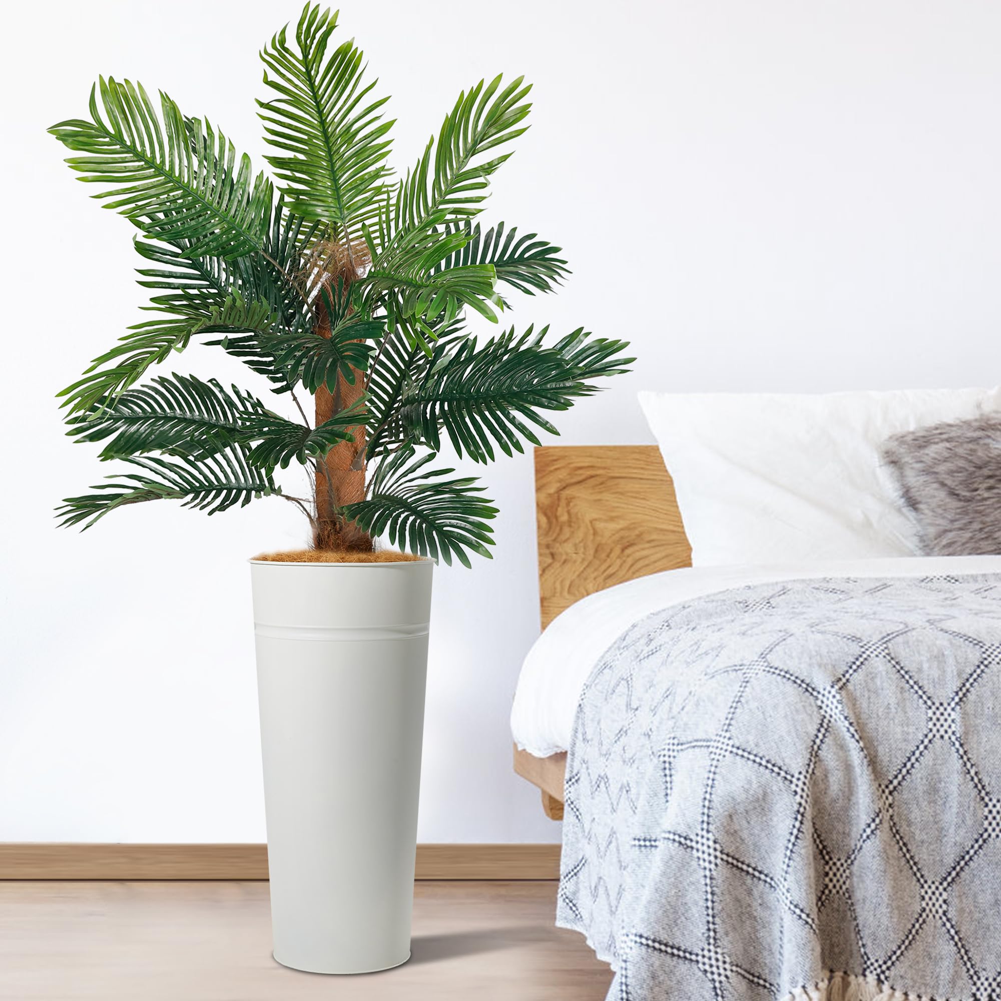 28" Tall White Planter with Faux Palm Tree – Galvanized Steel Pot with Tropical PEVA