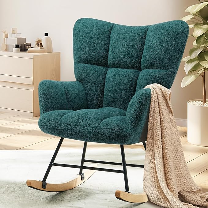 Rocking Chair Nursery, Teddy Upholstered Glider Rocker with High Backrest