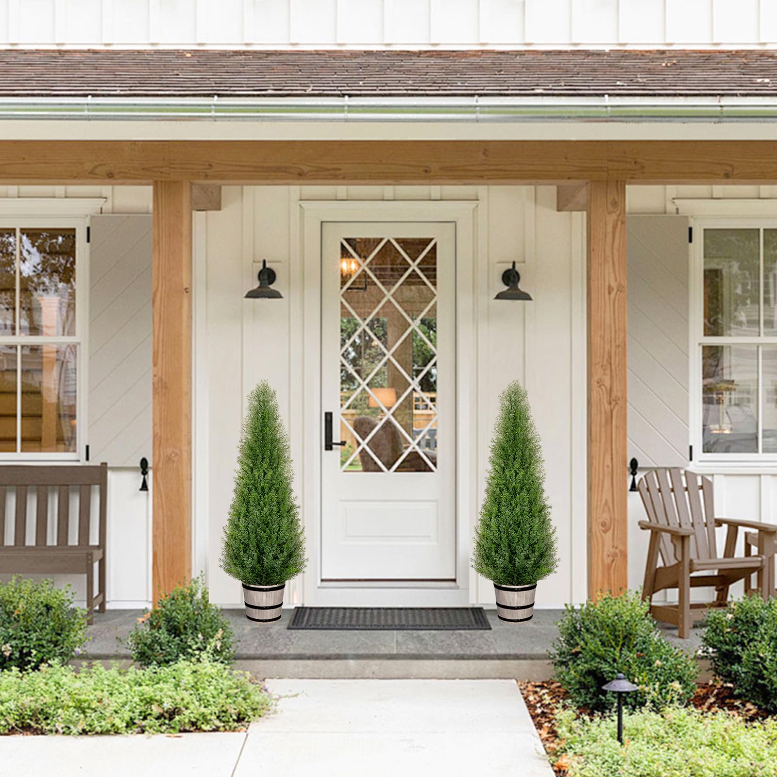 3FT Artificial Cedar Topiary Trees with Rustic Barrel Planter