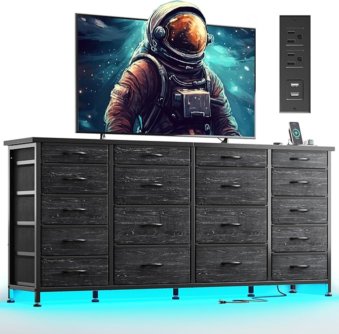 63" W 18 Drawers Dresser with LED Lights & Power Outlets Long Dresser for 65" TV Stand for Bedroom Large Fabric Dressers & Chests of Drawers for Bedroom, Sturdy Metal Frame (Charcoal Black)