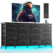 63" W 18 Drawers Dresser with LED Lights & Power Outlets Long Dresser for 65" TV Stand for Bedroom Large Fabric Dressers & Chests of Drawers for Bedroom, Sturdy Metal Frame (Charcoal Black)