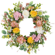 Rose and Hydrangea Floral Spring Wreath - 26" - Pink and Yellow