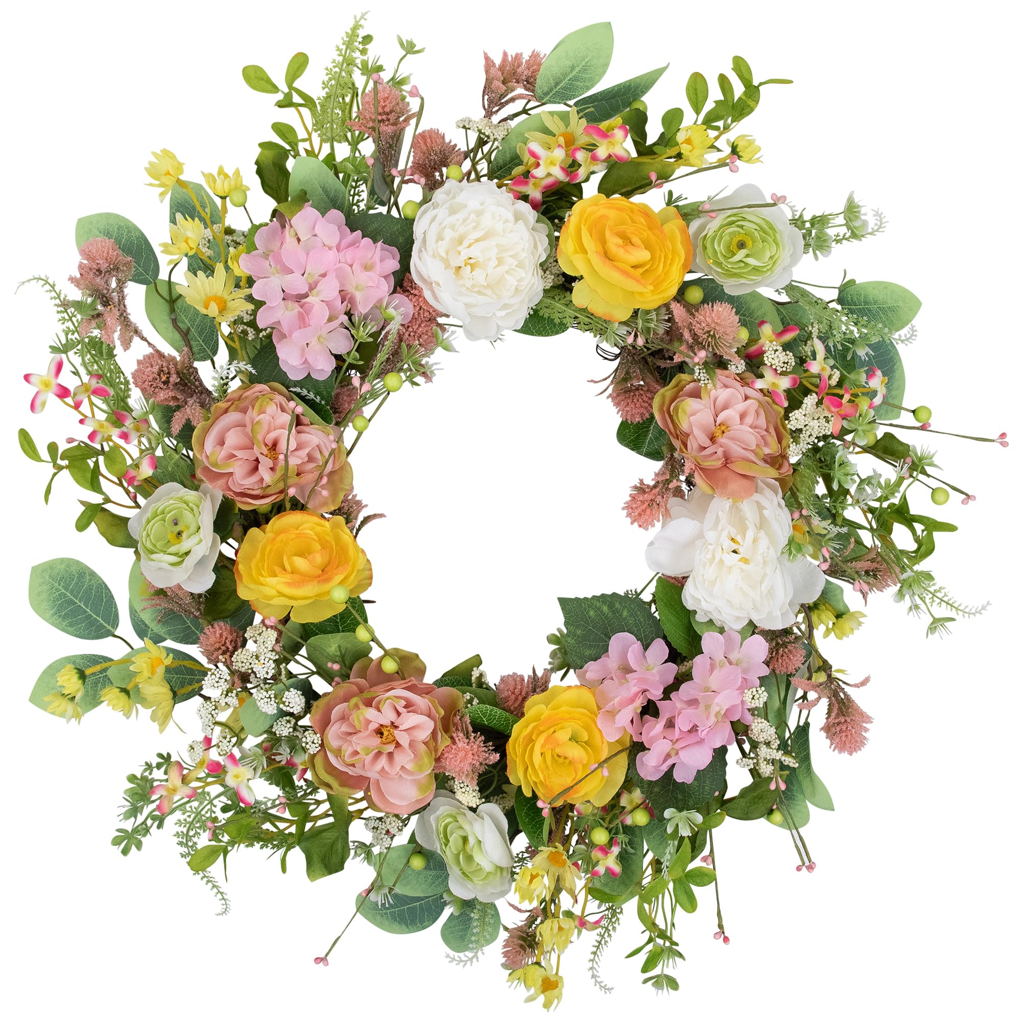 Rose and Hydrangea Floral Spring Wreath - 26" - Pink and Yellow
