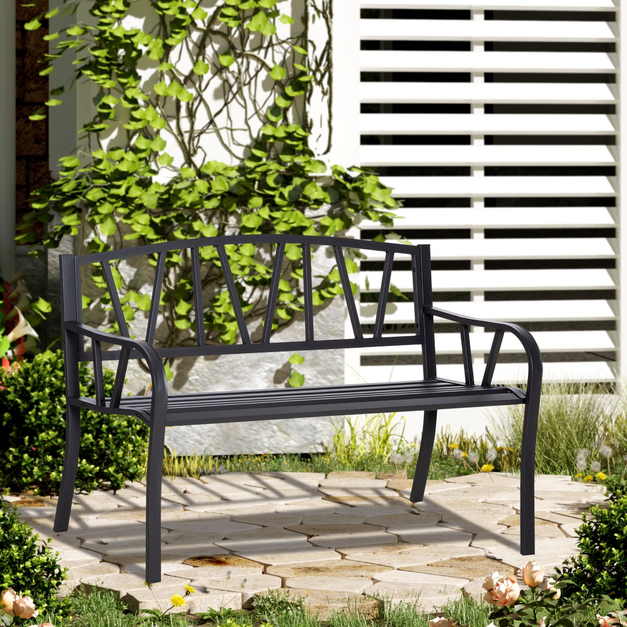 50" Outdoor Bench, Metal Garden Bench with V-Shaped Pattern Backrest
