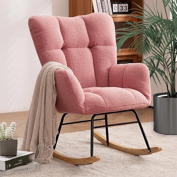 Nursery Rocking Chair, Teddy Upholstered Glider Rocker with High Backrest Armchair