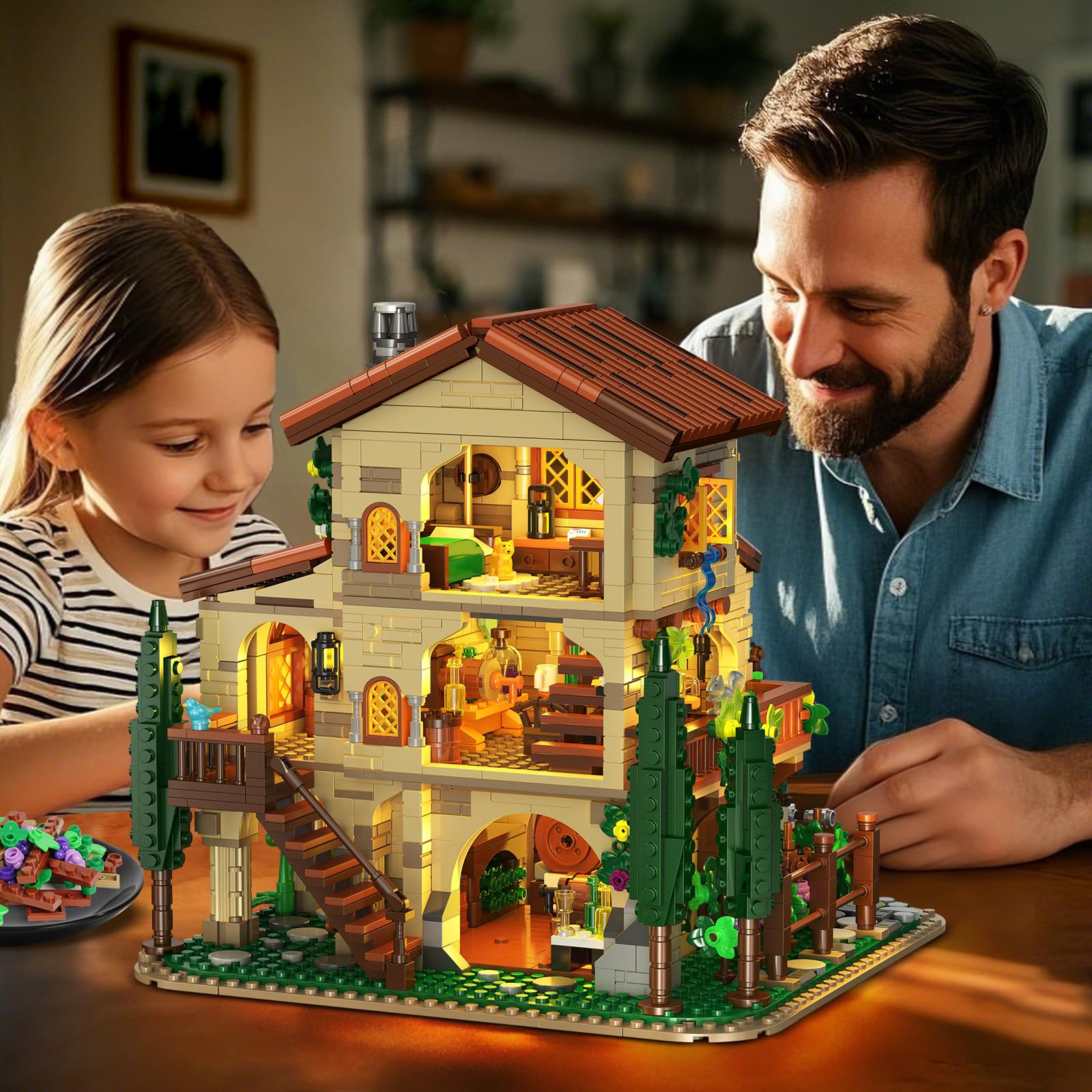 Winery Chateau House Building Set with Lights, Vineyard Castle Construction Model Home