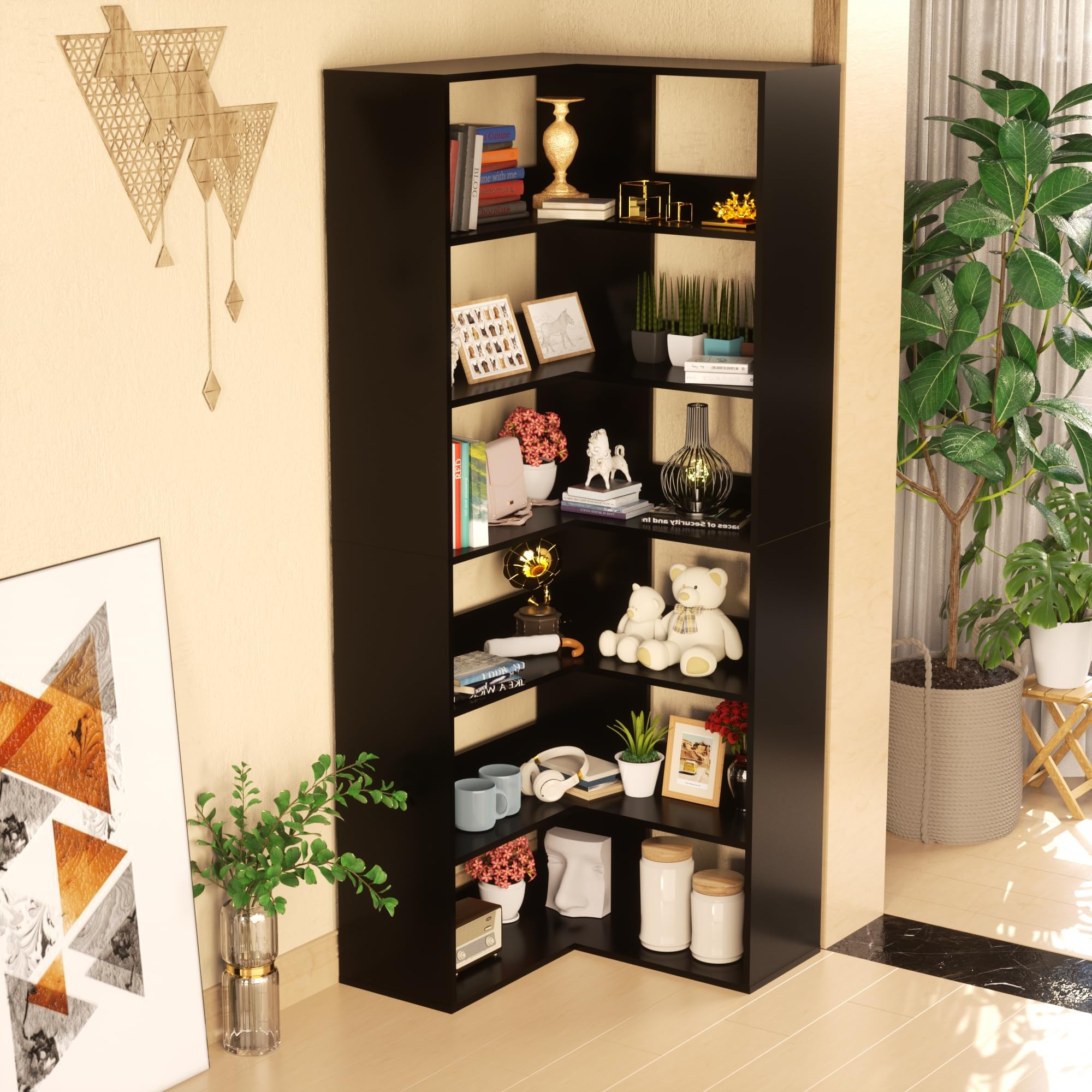 71" Tall Black Corner Bookshelf, 6 Tier L-Shape Corner Shelf Stand