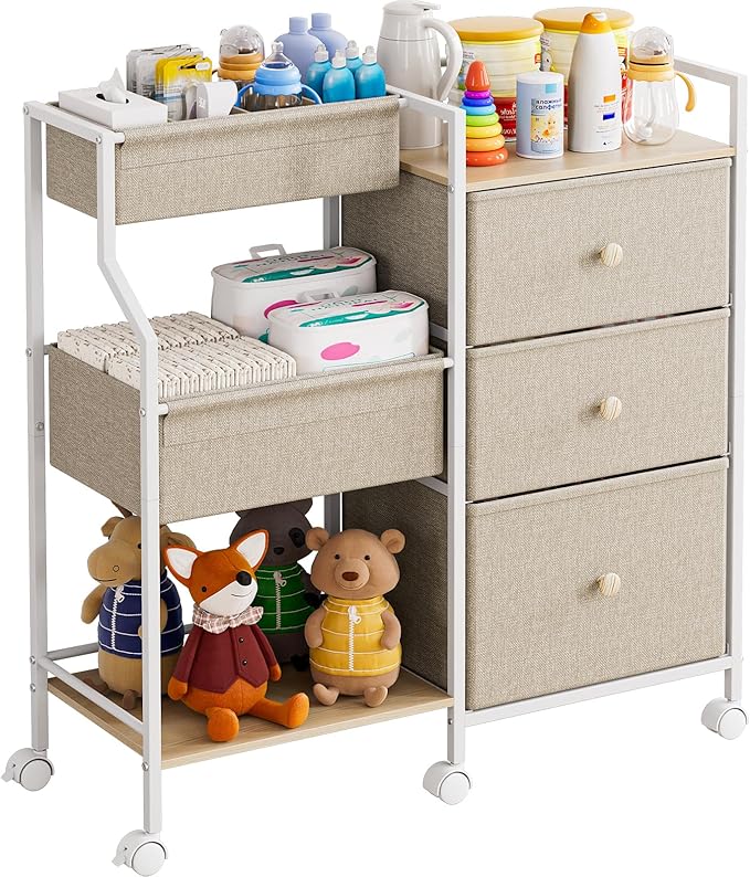 Baby Diaper Caddy Organizer and Storage - 3 Tier Rolling Cart with Dividers and Drawers