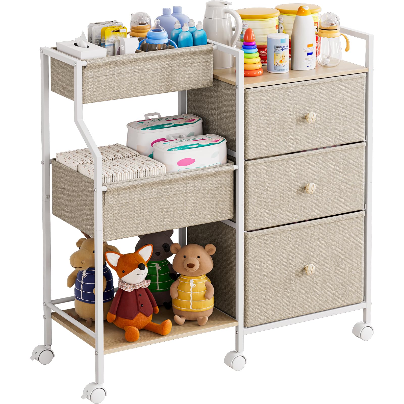 Baby Organizer and Storage - 3 Tier Rolling Cart with Dividers and Drawers