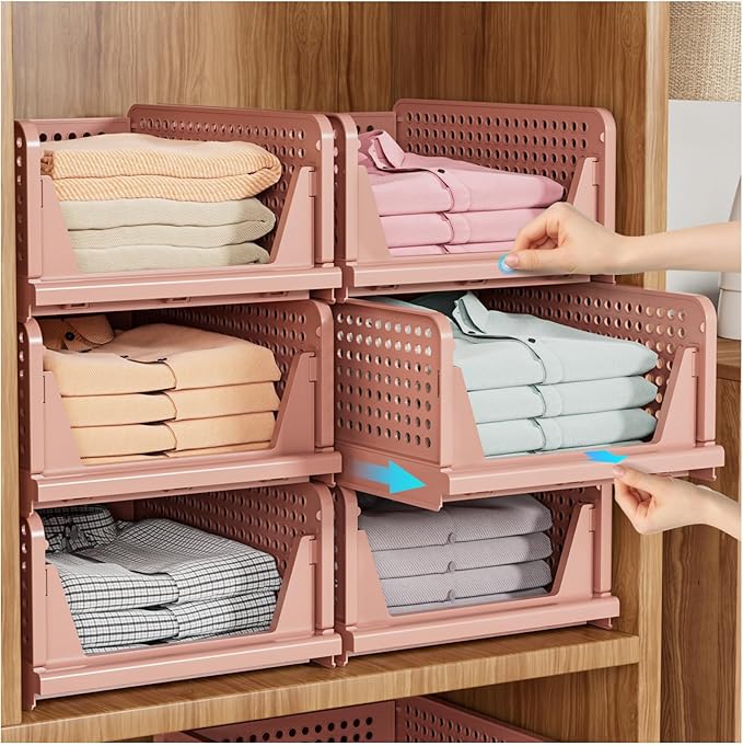 5 Pack Stackable Closet Storage Basket, Multifunctional & Foldable Closet Organizer