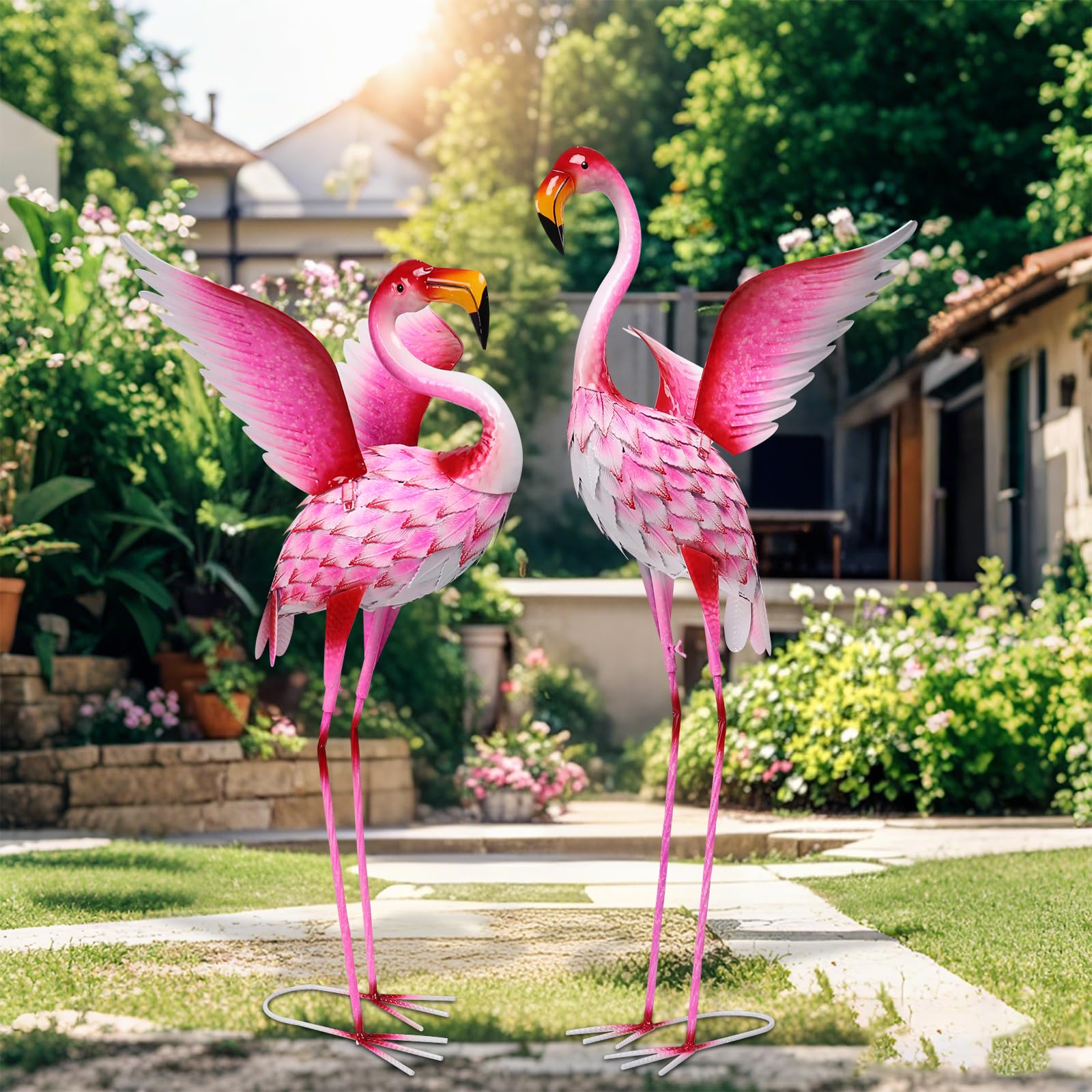 Pink Flamingo Statue-Garden Statues for Outside - 2 Pack Flamingos Sculptures Statue