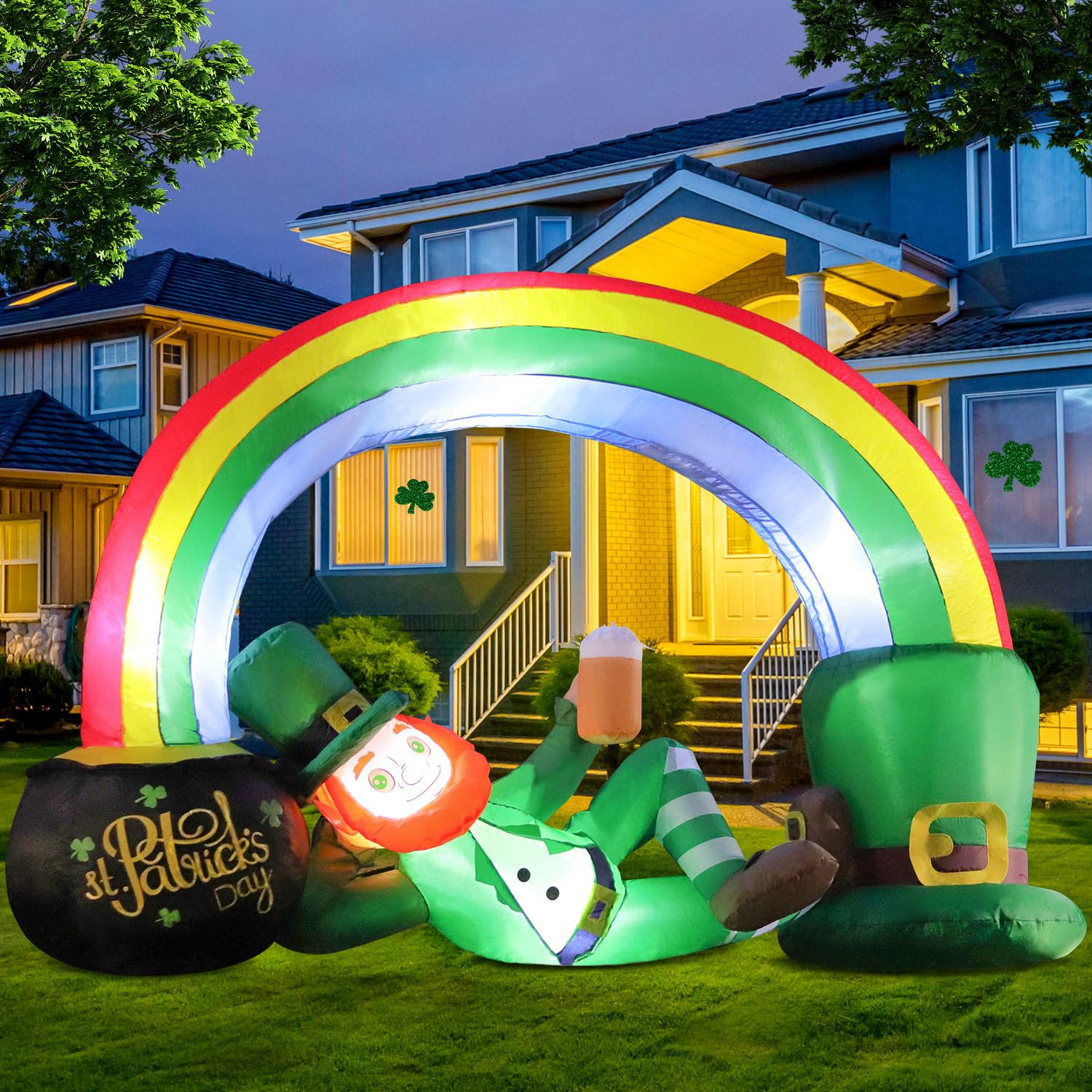 St. Patricks Day Inflatable Decorations 7FT Lying Leprechaun Rainbow Arch