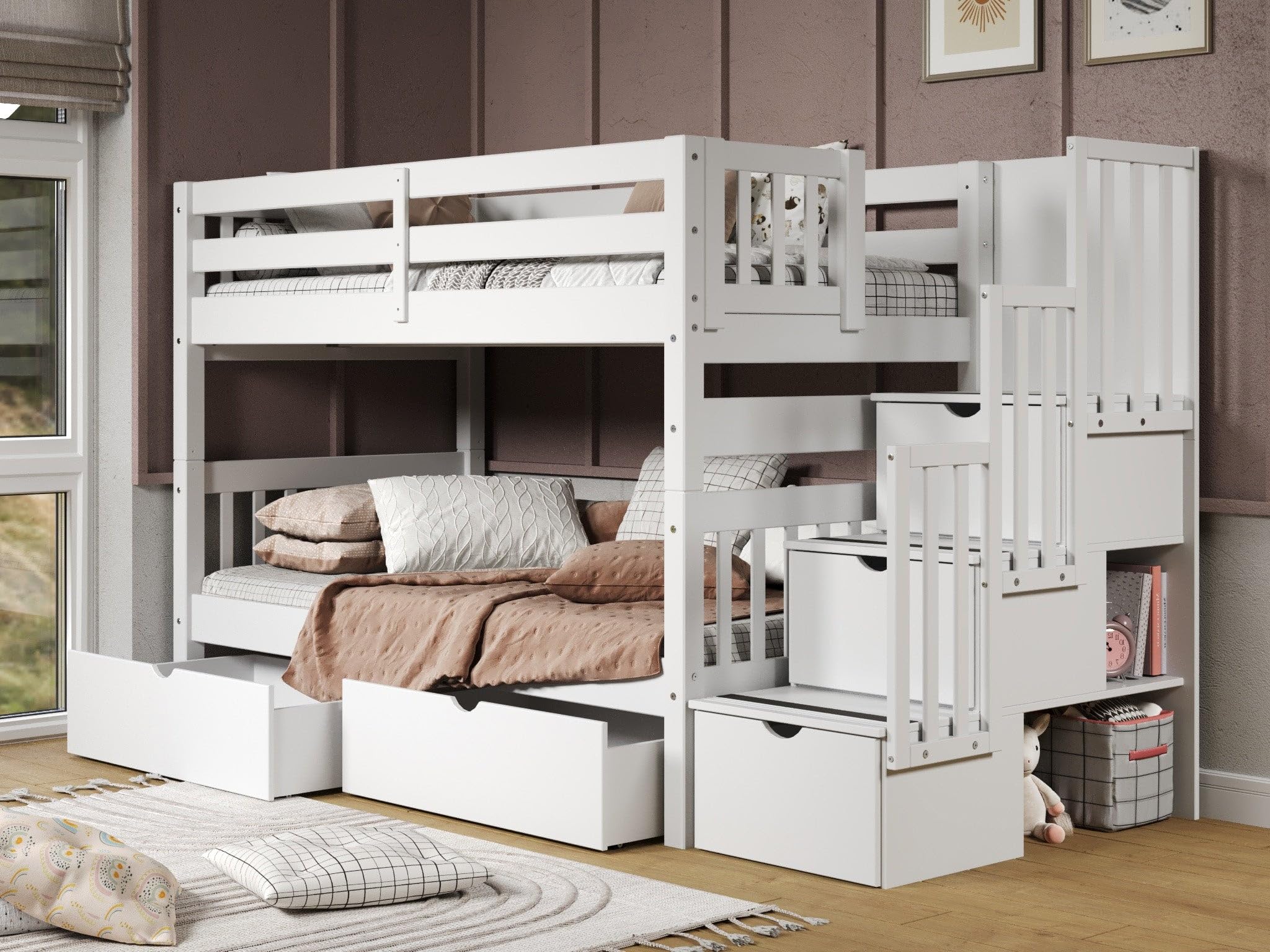Stairway Bunk Beds Twin over Twin with 3 Drawers in the Steps and 2 Under Bed Drawers