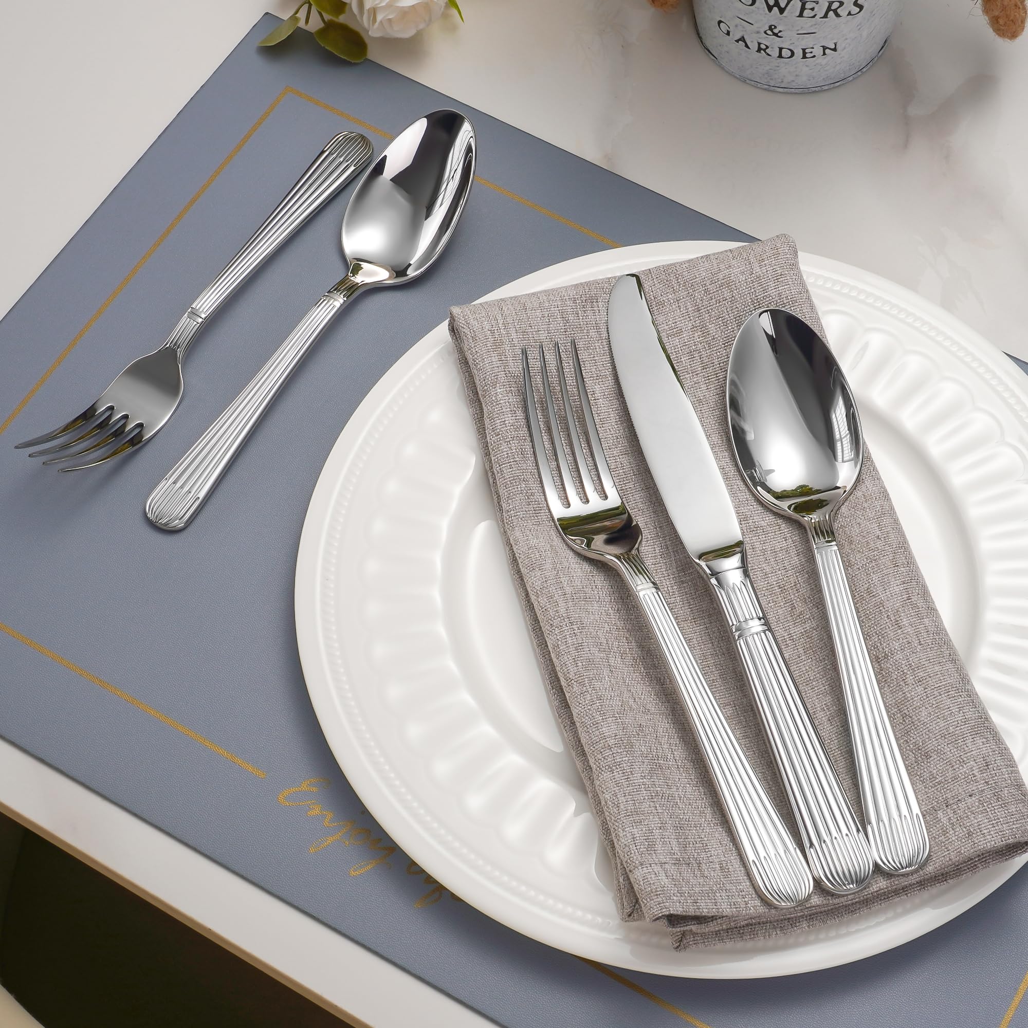Extra Heavy Duty Flatware for 8, High End Forged Silverware Set, Thick Handle