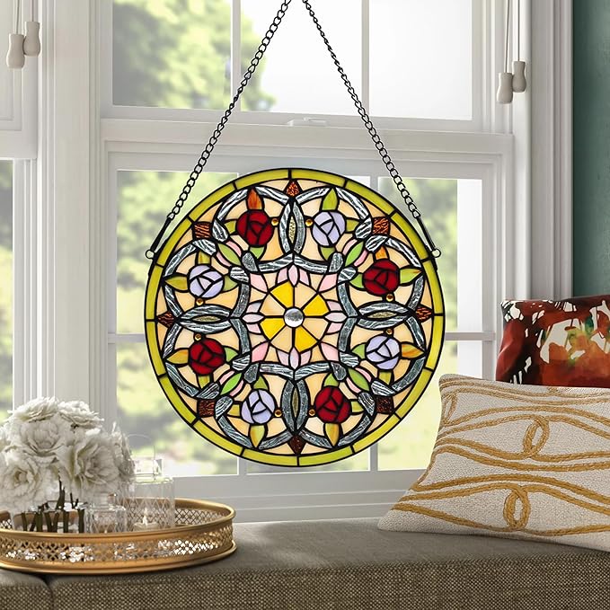 Tiffany Style Stained Glass Window Hanging Panel 12 Inch Round Handmade Blue Flower