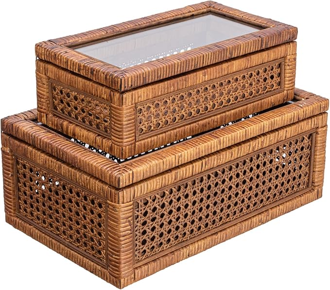 Modern Decorative Rectangle Woven Rattan and Wood Display Boxes