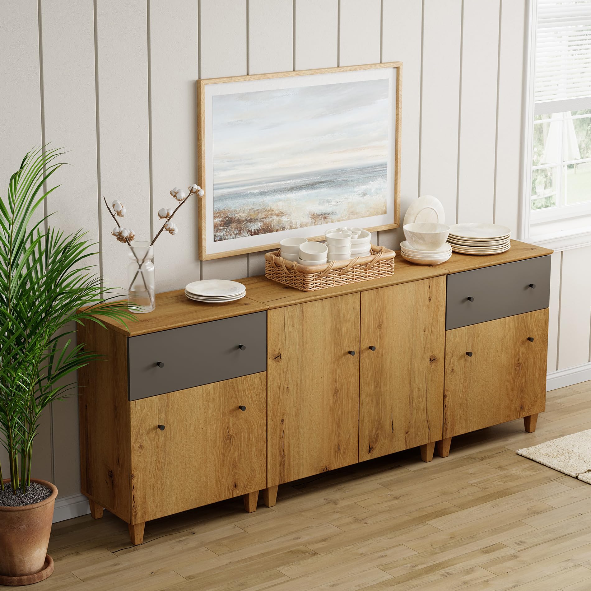 Sideboards Buffet Cabinet, 3-in-1 Wood Wide Credenza Storage Cabinet