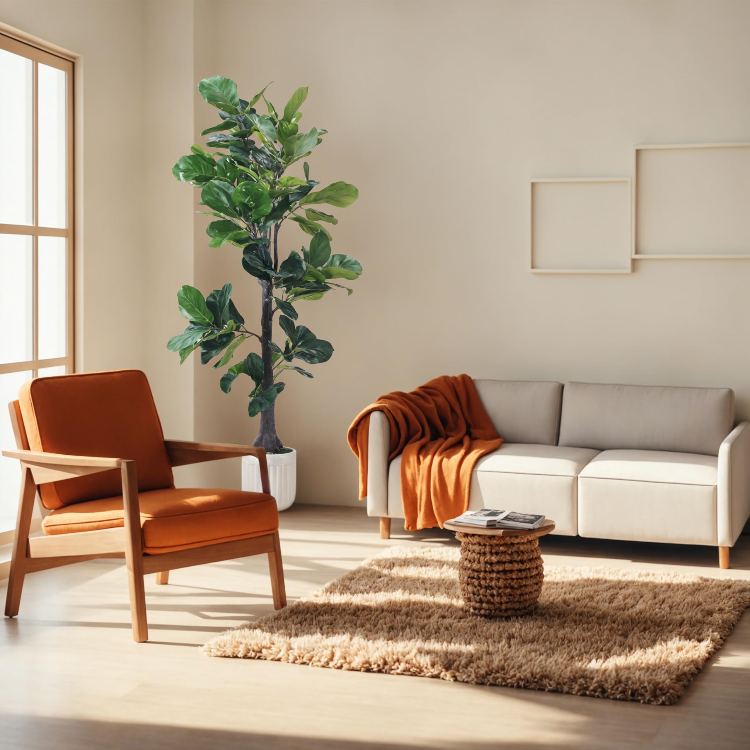 Artificial Fiddle Leaf Fig Tree, 7FT Fake Ficus lyrata Silk Trees with White Tall Planter