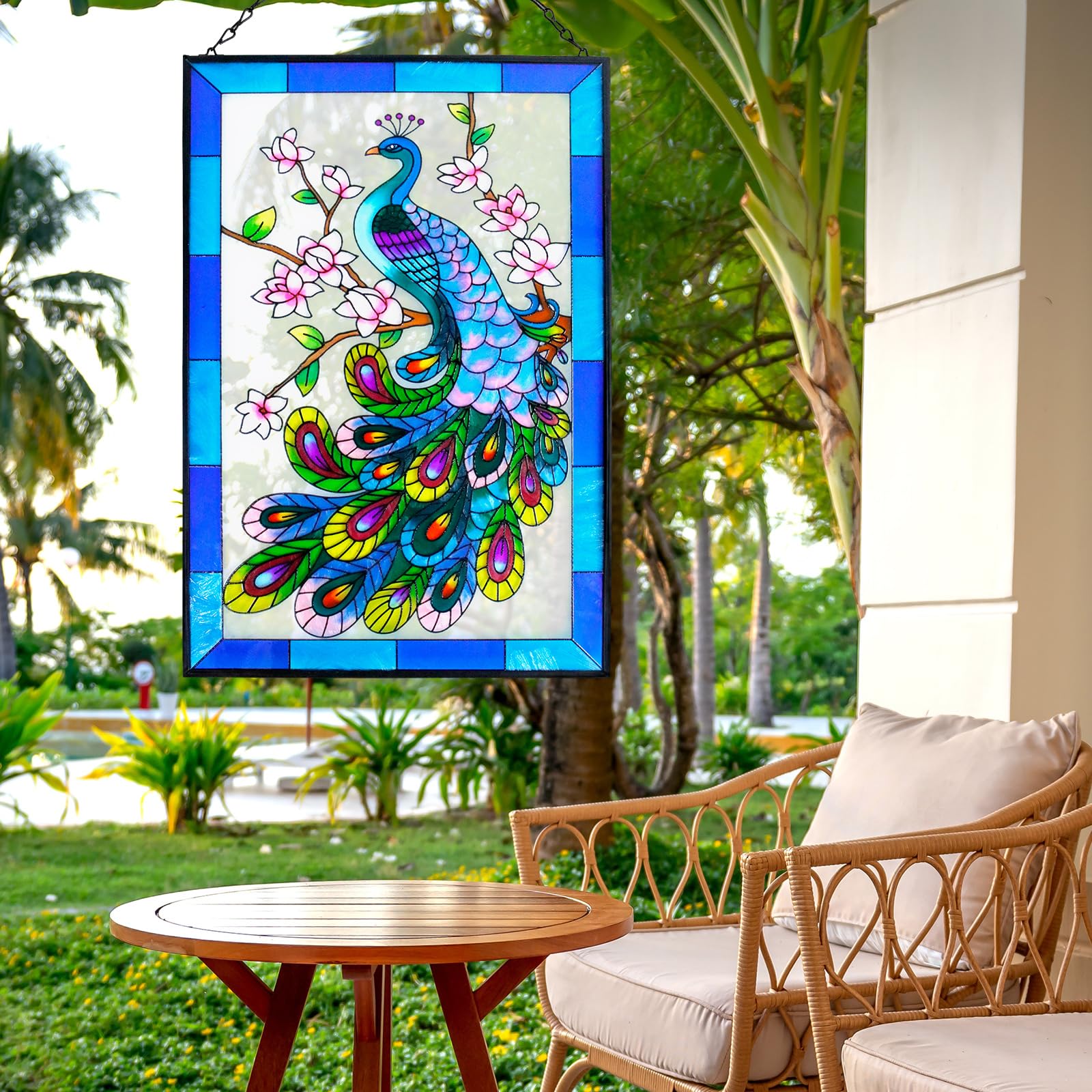 Peacock Stained Glass Hanging Garden Handmade Painted Peacock Wall