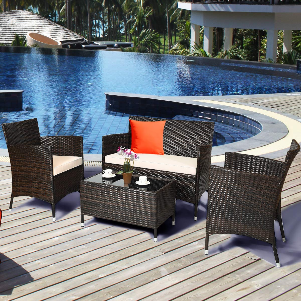 4-Piece Wicker Patio Furniture Set, Outdoor Rattan Sofa Couch Set