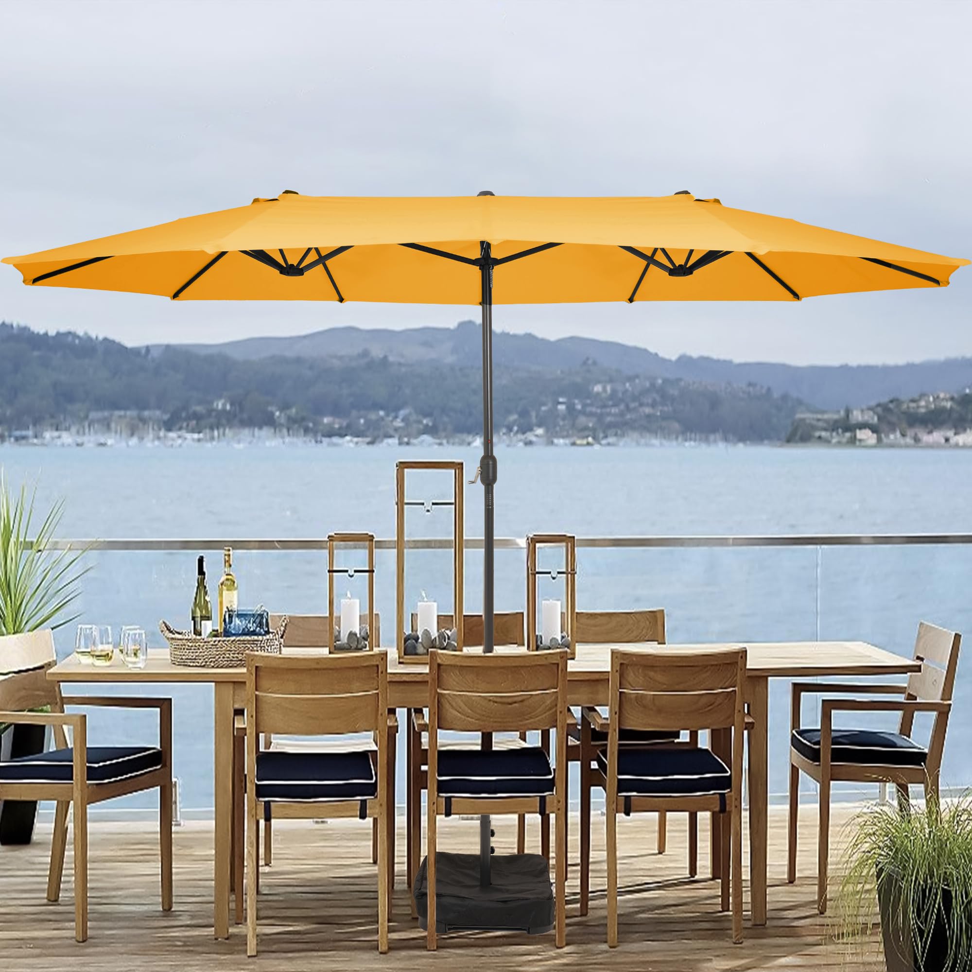 15 ft Patio Umbrella with Sand Bag Base and Cover, Large Outdoor Double-Sided Umbrella