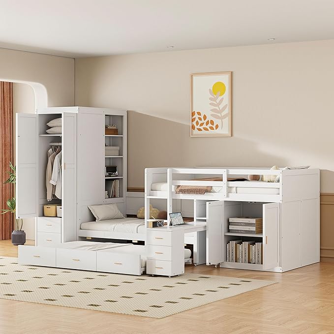 Twin Over Twin Bunk Bed with Wardrobe, Desk, Storage Cabinets and Drawers