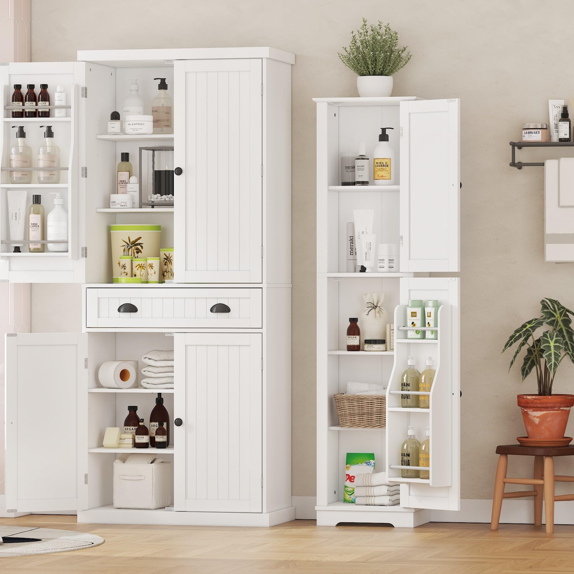 Tall Bathroom Storage Cabinet, 64" Slim Kitchen Pantry with Door Storage, Narrow Wood