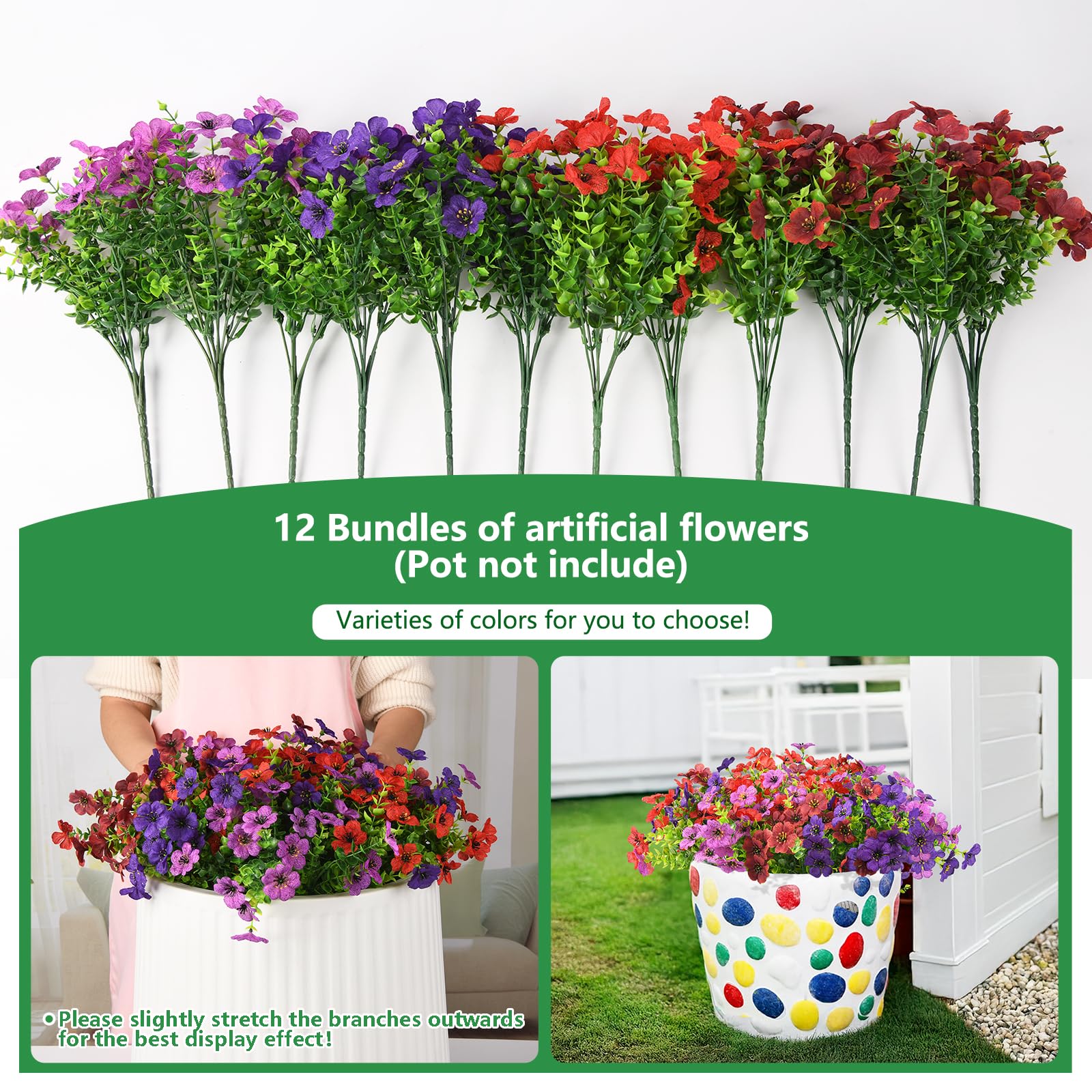 Homsunny Artificial Fake Flowers Plants Outdoors Spring Decor, Faux Flowers Silk Daisy Eucalyptus Plants UV Resisitant for Outside Planter Pot Front Porch Garden Patio Decoration(12 Bundles)