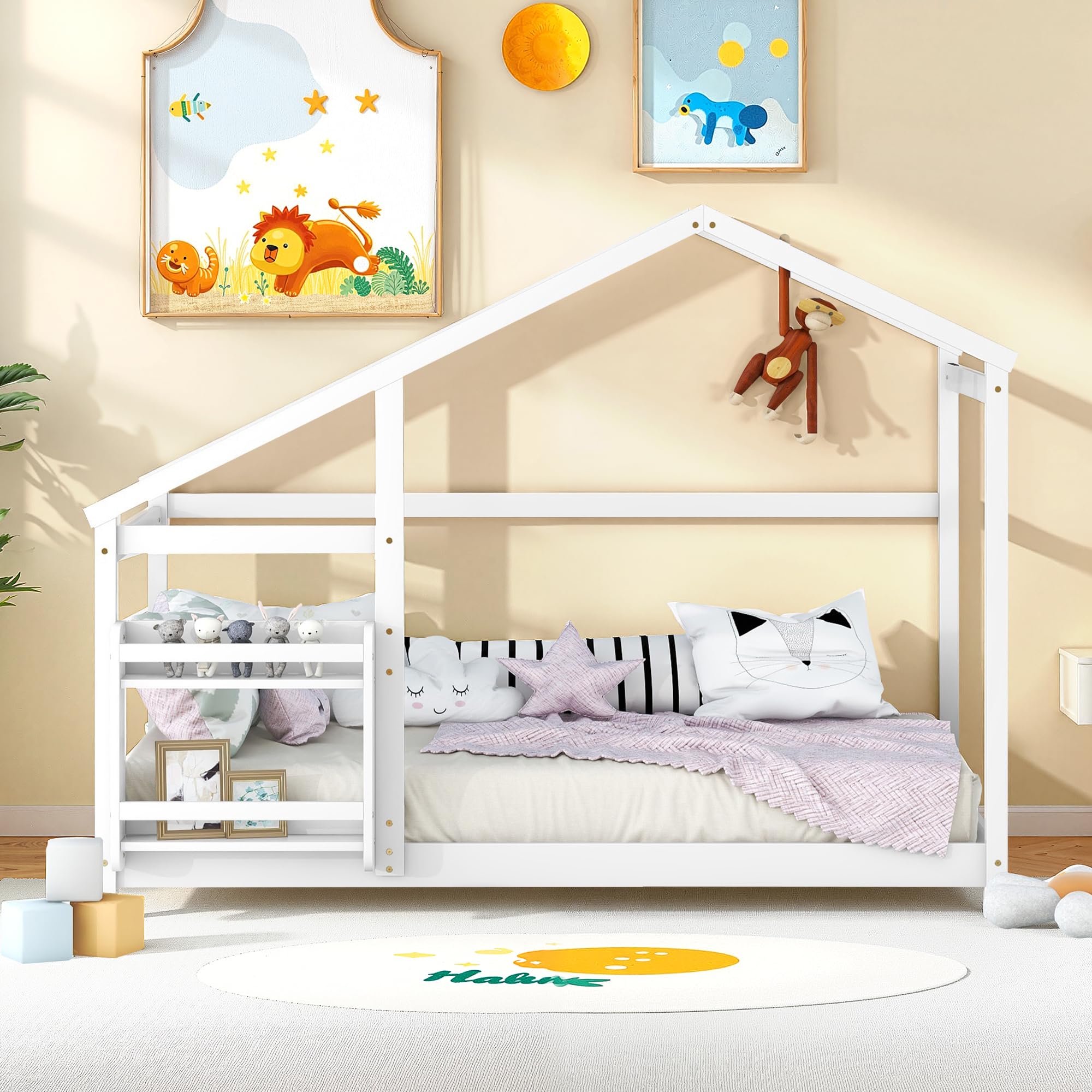Floor Bed for Children, Montessori Bed Frame with Shelf, Wooden House Floor