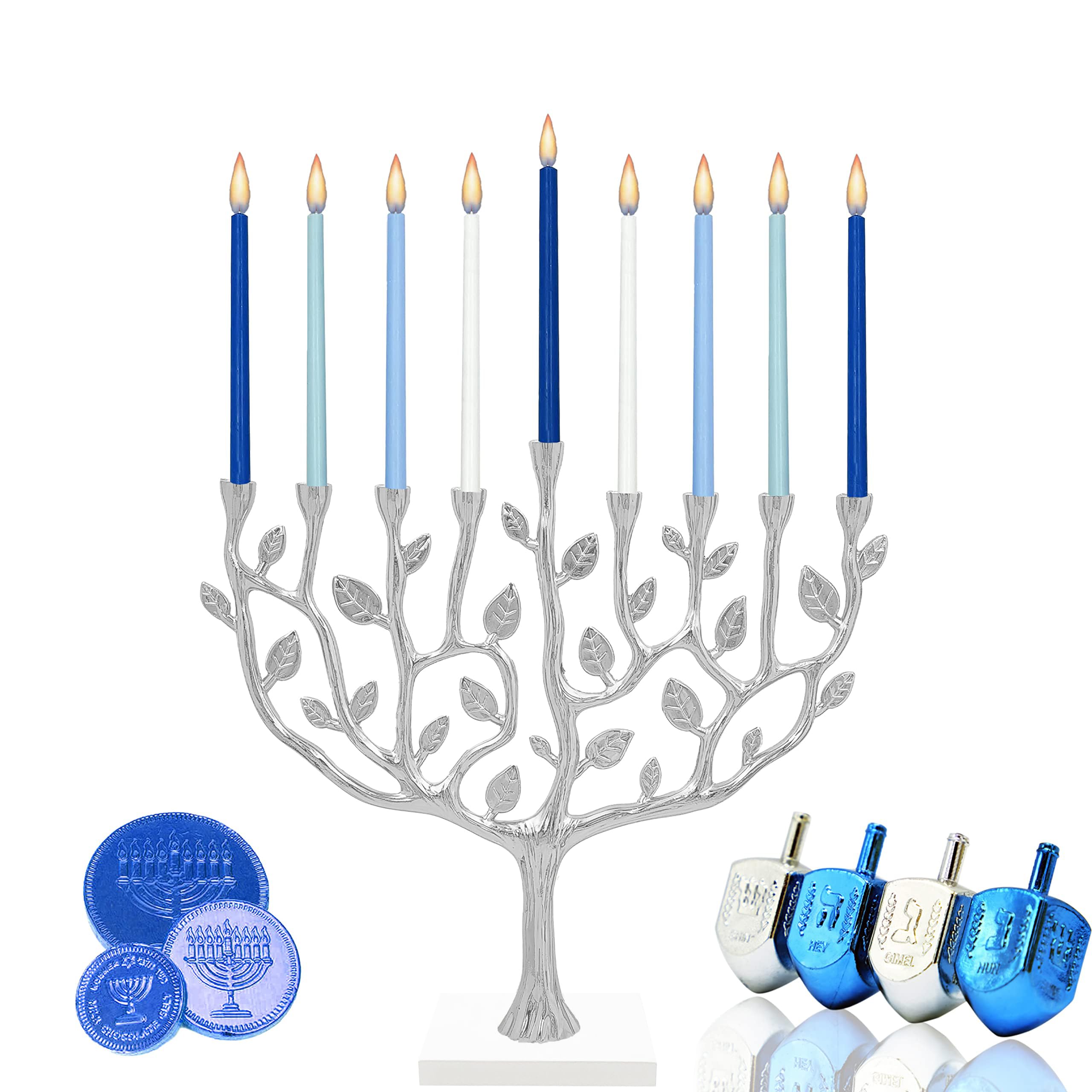 The Dreidel Company Hanukkah Menorah Tree of Life with Stone Base (Silver)