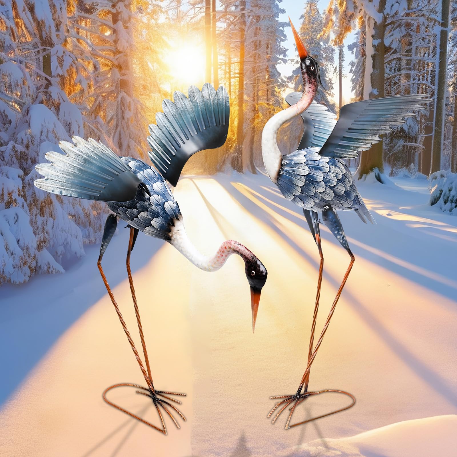 Crane Garden Statues for Outside, 2 Pack Blue Heron Garden Sculpture Statue