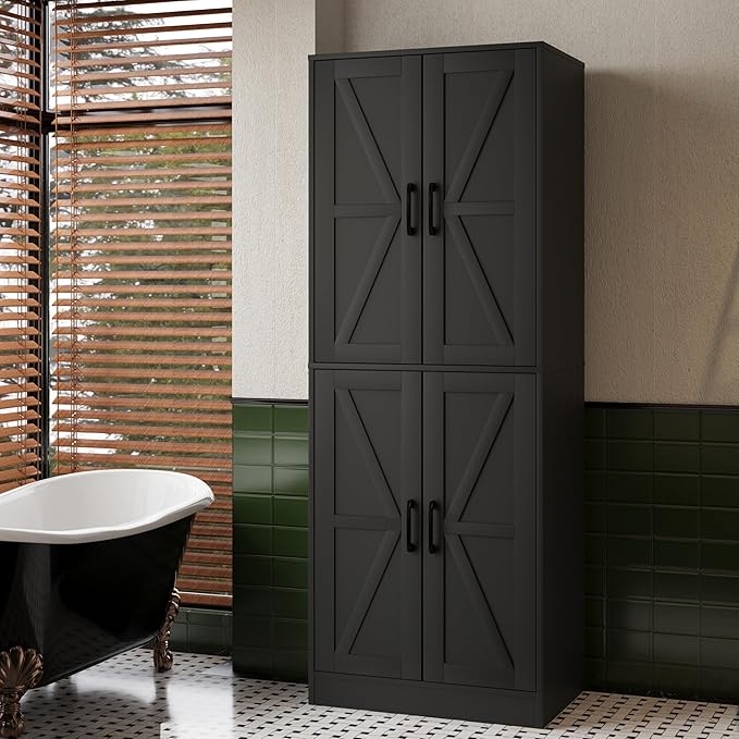 Farmhouse Storage Cabinet - Pantry with 4 Doors, Tall Kitchen Pantry with Adjustable